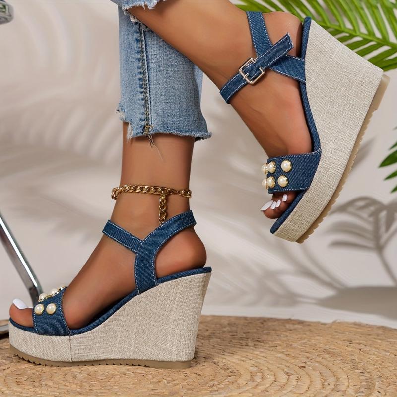 Women's Faux Pearl Wedge Sandals Buckle Strap Platform Comfort Canvas Shoes