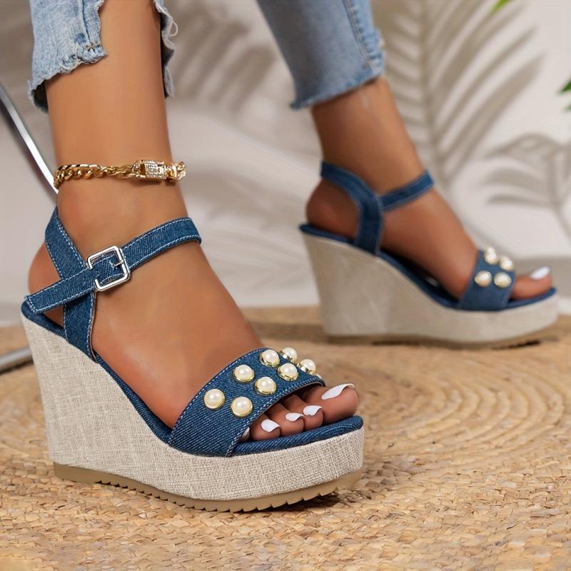 Women's Faux Pearl Wedge Sandals Buckle Strap Platform Comfort Canvas Shoes