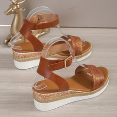 Women's Platform Wedge Sandals Snakeskin Ankle Strap Espadrilles