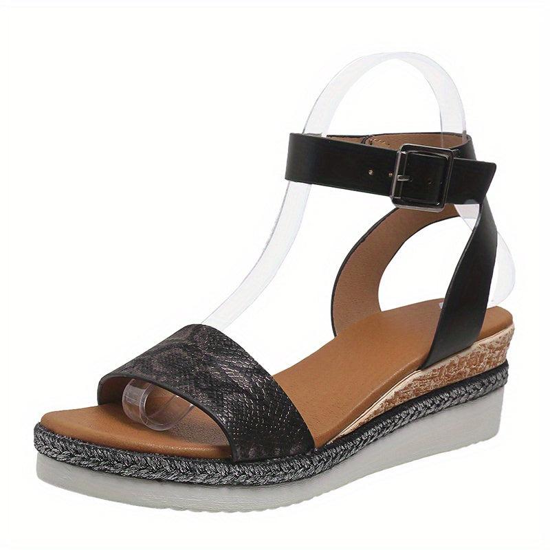 Women's Platform Wedge Sandals Snakeskin Ankle Strap Espadrilles