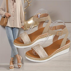 Women's Platform Wedge Sandals Snakeskin Ankle Strap Espadrilles