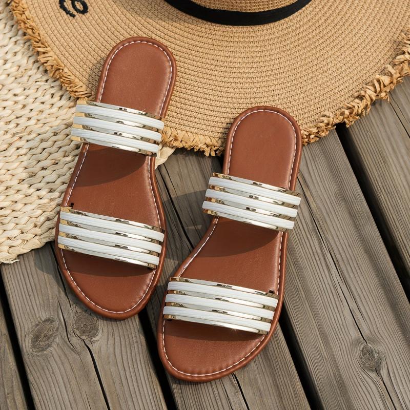 Women's Double Band Flat Slides Casual Round Toe Non Slip Shoes