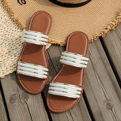 Women's Double Band Flat Slides Casual Round Toe Non Slip Shoes