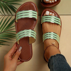 Women's Double Band Flat Slides Casual Round Toe Non Slip Shoes