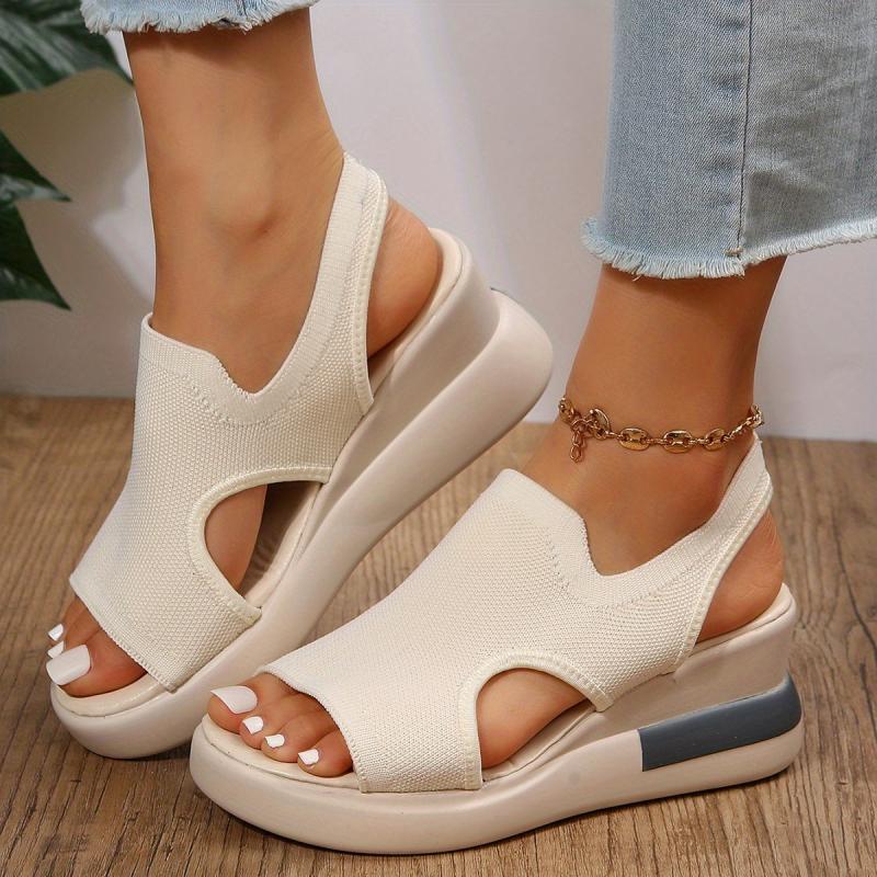 Women's Knitted Wedge Sandals Peep Toe Slip On Shoes