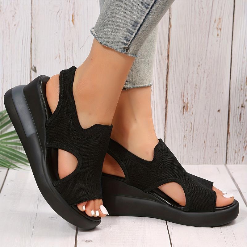 Women's Knitted Wedge Sandals Peep Toe Slip On Shoes