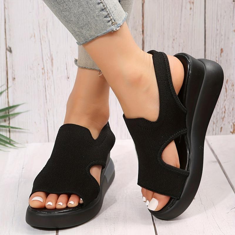 Women's Knitted Wedge Sandals Peep Toe Slip On Shoes