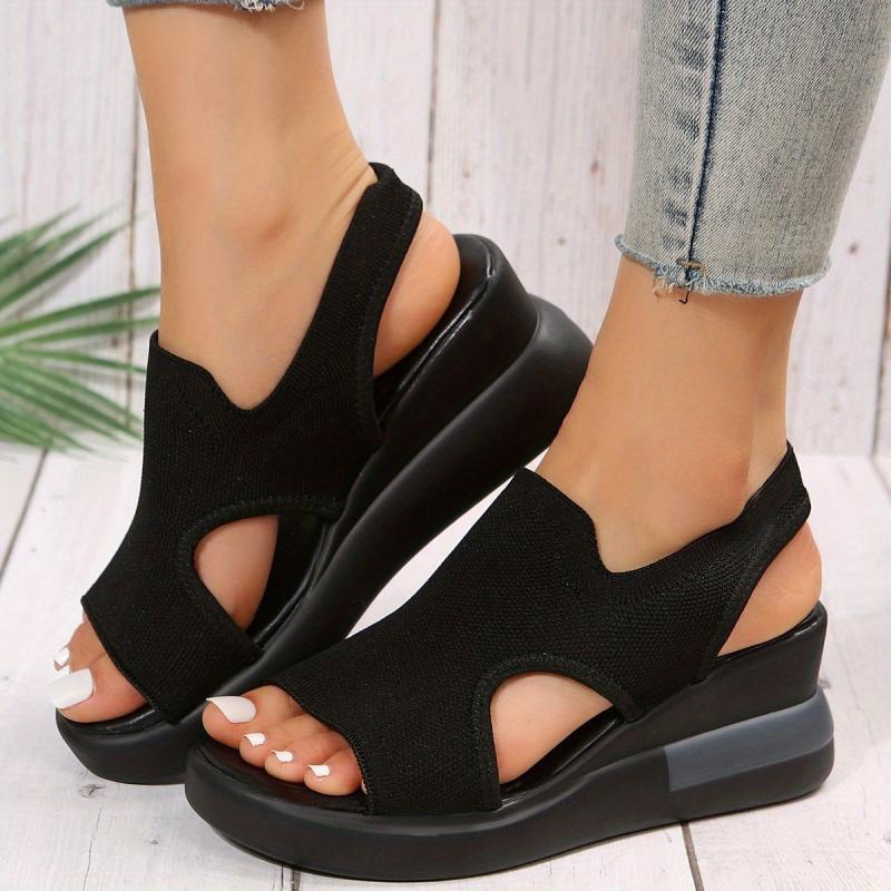Women's Knitted Wedge Sandals Peep Toe Slip On Shoes