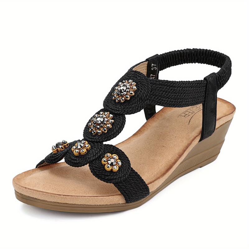 Boho Flower Wedge Sandals Rhinestone Platform Comfy Summer Shoes