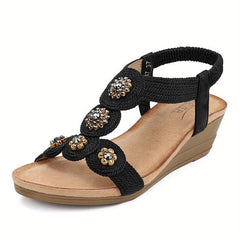 Boho Flower Wedge Sandals Rhinestone Platform Comfy Summer Shoes