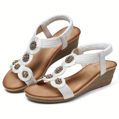 Boho Flower Wedge Sandals Rhinestone Platform Comfy Summer Shoes