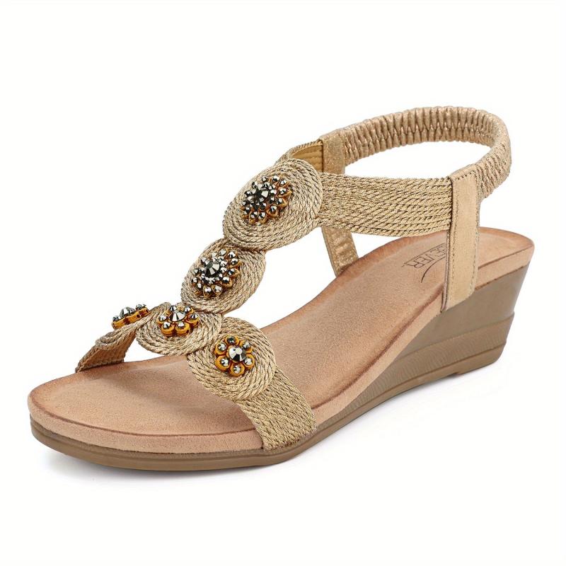 Boho Flower Wedge Sandals Rhinestone Platform Comfy Summer Shoes