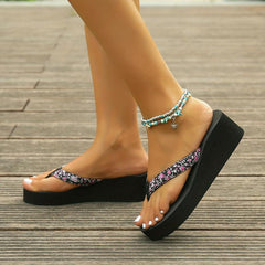 Floral Pattern Flip Flops Non-slip Wedge Sandals