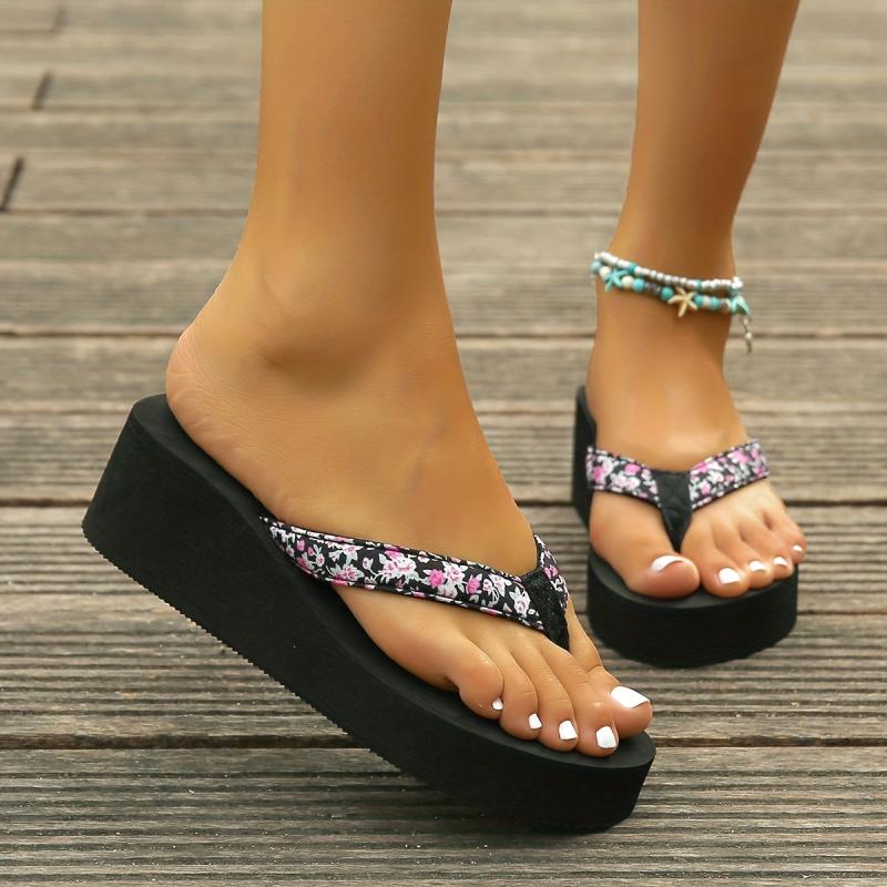 Floral Pattern Flip Flops Non-slip Wedge Sandals