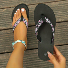 Floral Pattern Flip Flops Non-slip Wedge Sandals
