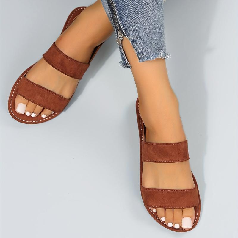 Women's Double Strap Flat Sandals Open Round Toe Slip On Shoes