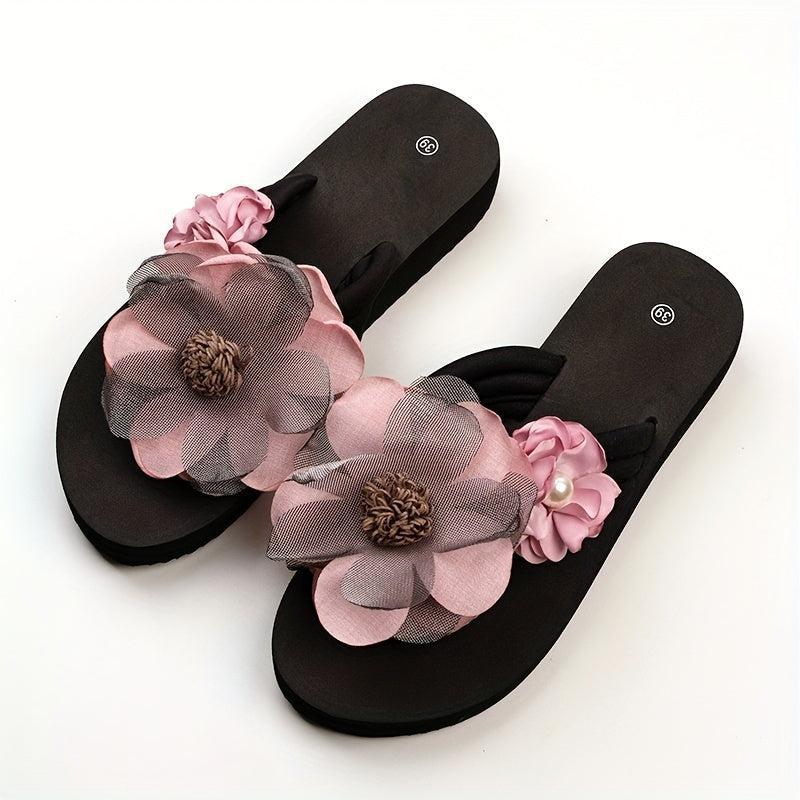 Women's Pearl & Flower Sandals Flatform Flip Flops