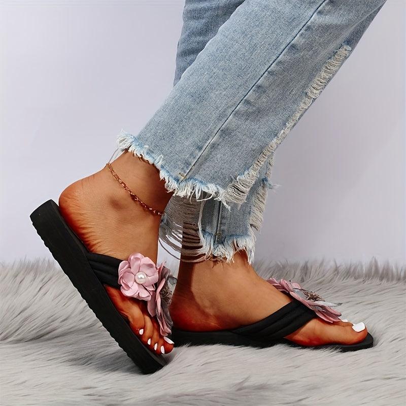 Women's Pearl & Flower Sandals Flatform Flip Flops