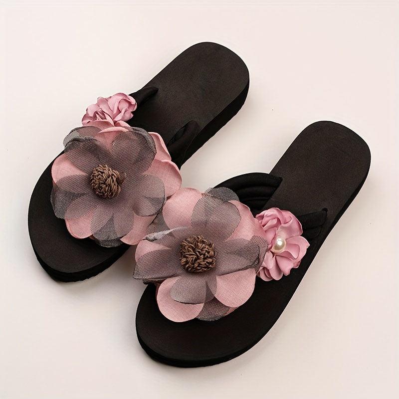 Women's Pearl & Flower Sandals Flatform Flip Flops
