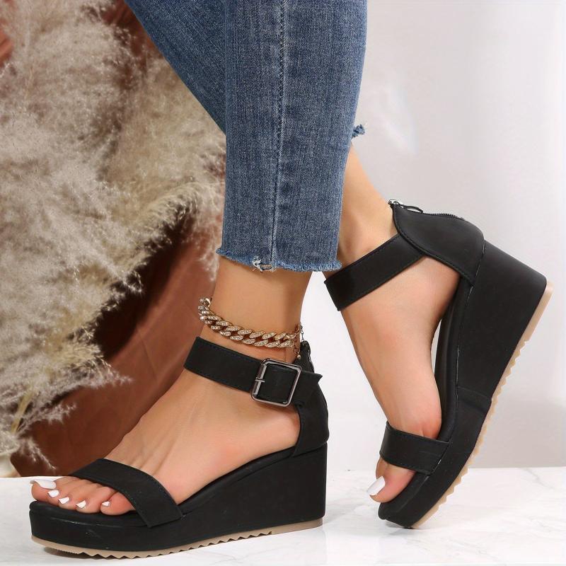 Platform Wedge Sandals Ankle Strap Back Zipper Sandals