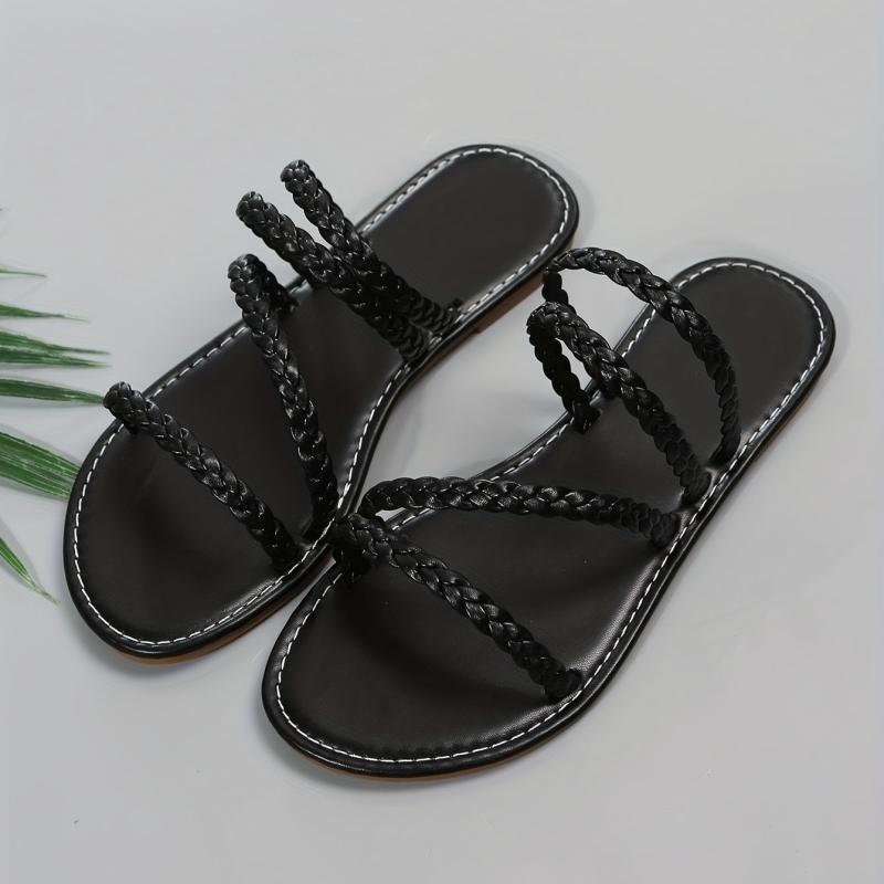 Women's Braided Flat Slippers Open Toe Non Slip Round Toe Slides Shoes