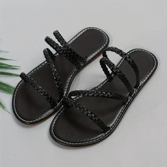 Women's Braided Flat Slippers Open Toe Non Slip Round Toe Slides Shoes