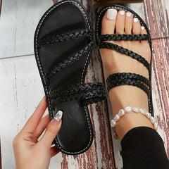 Women's Braided Flat Slippers Open Toe Non Slip Round Toe Slides Shoes