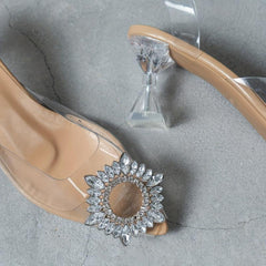 Crystal Heeled Sandals with Sunflower Decor Transparent Strap