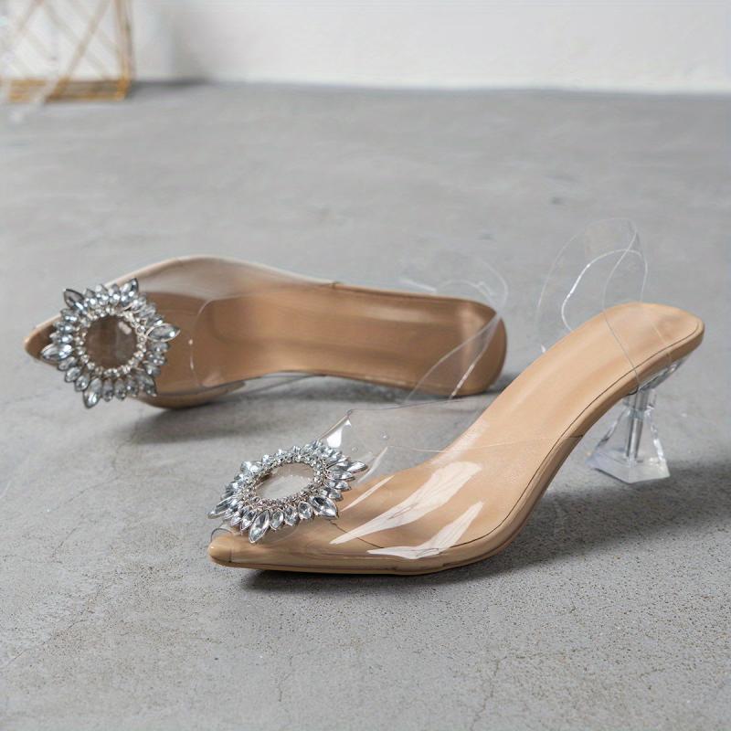 Crystal Heeled Sandals with Sunflower Decor Transparent Strap
