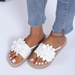 Women's Flower Sandals Braided Decor Knit Flat Thong Sandals