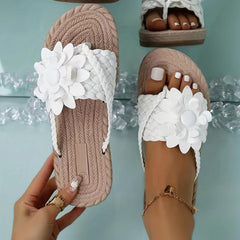 Women's Flower Sandals Braided Decor Knit Flat Thong Sandals