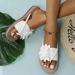 Women's Flower Sandals Braided Decor Knit Flat Thong Sandals