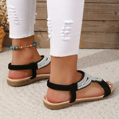 Rhinestone Flat Sandals Slip On Elastic Band Lightweight Summer Shoes