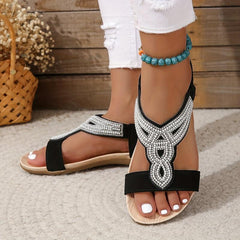 Rhinestone Flat Sandals Slip On Elastic Band Lightweight Summer Shoes