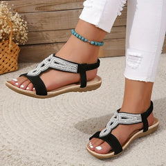 Rhinestone Flat Sandals Slip On Elastic Band Lightweight Summer Shoes