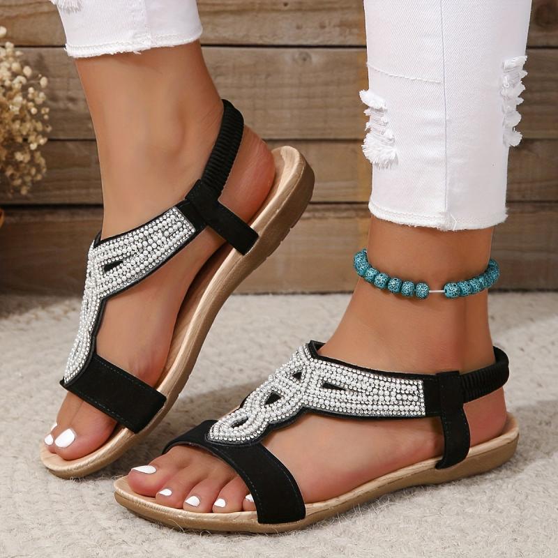 Rhinestone Flat Sandals Slip On Elastic Band Lightweight Summer Shoes