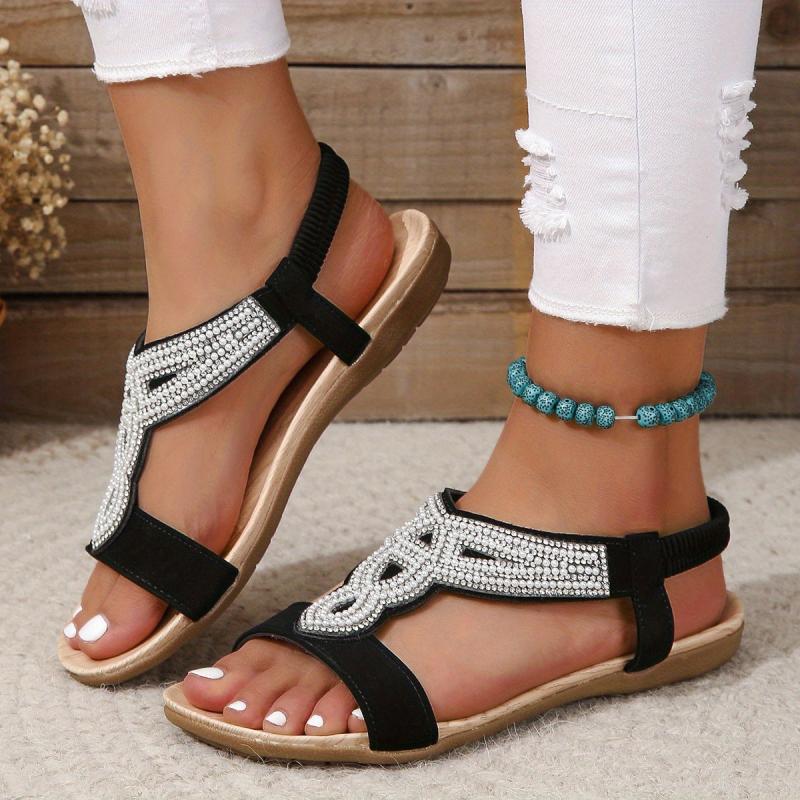Rhinestone Flat Sandals Slip On Elastic Band Lightweight Summer Shoes