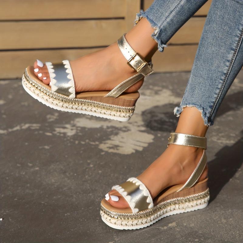 Women's Platform Wedge Sandals with Buckle Strap, Non-Slip Slingback Shoes