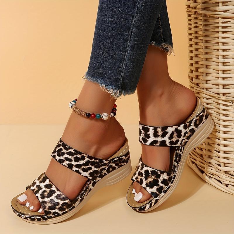 Leopard Print Wedge Sandals Open Toe Non Slip Slides Shoes
