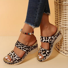 Leopard Print Wedge Sandals Open Toe Non Slip Slides Shoes