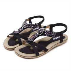 Women's Flower Rhinestone Flat Sandals Elastic Strap Casual Beach Sandals