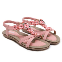 Women's Flower Rhinestone Flat Sandals Elastic Strap Casual Beach Sandals
