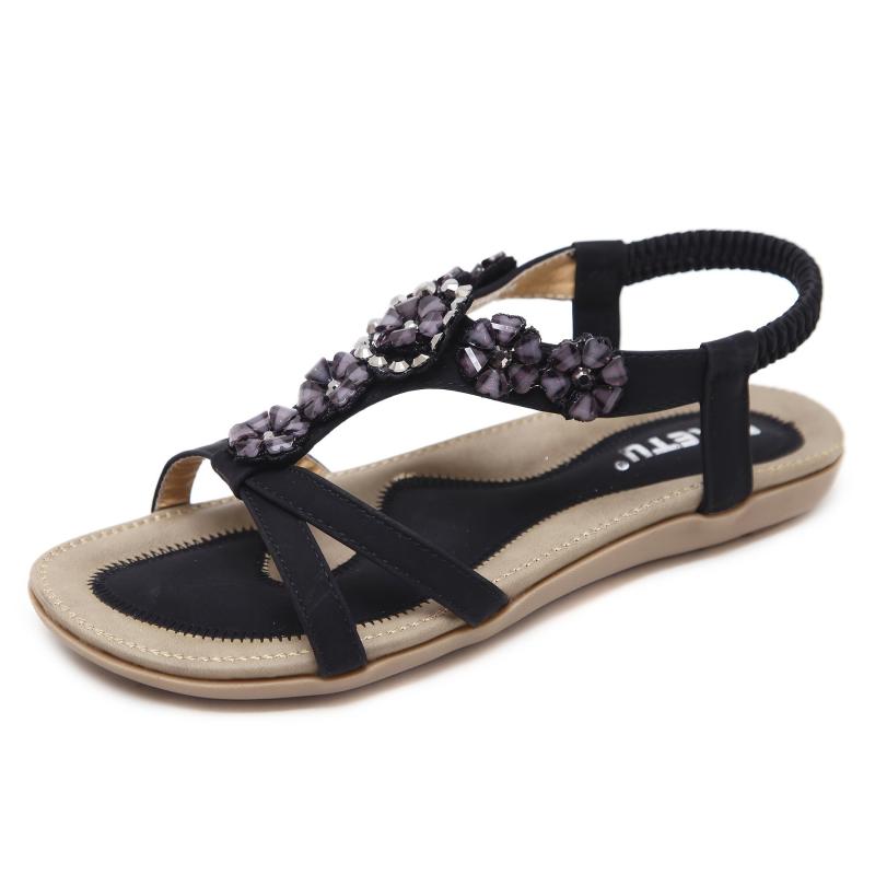 Women's Flower Rhinestone Flat Sandals Elastic Strap Casual Beach Sandals