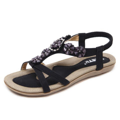 Women's Flower Rhinestone Flat Sandals Elastic Strap Casual Beach Sandals