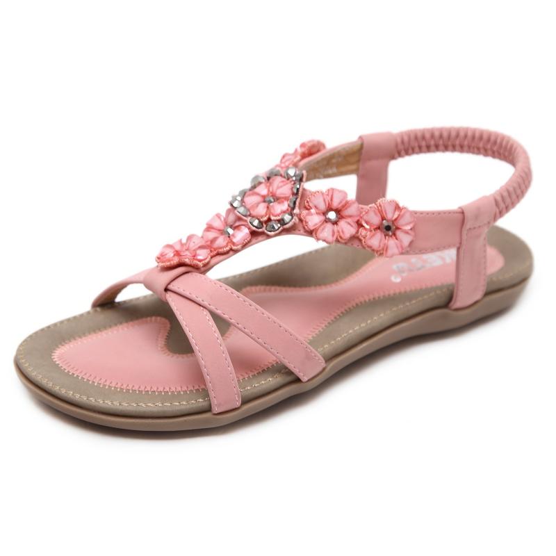 Women's Flower Rhinestone Flat Sandals Elastic Strap Casual Beach Sandals