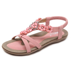 Women's Flower Rhinestone Flat Sandals Elastic Strap Casual Beach Sandals