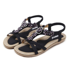 Women's Flower Rhinestone Flat Sandals Elastic Strap Casual Beach Sandals