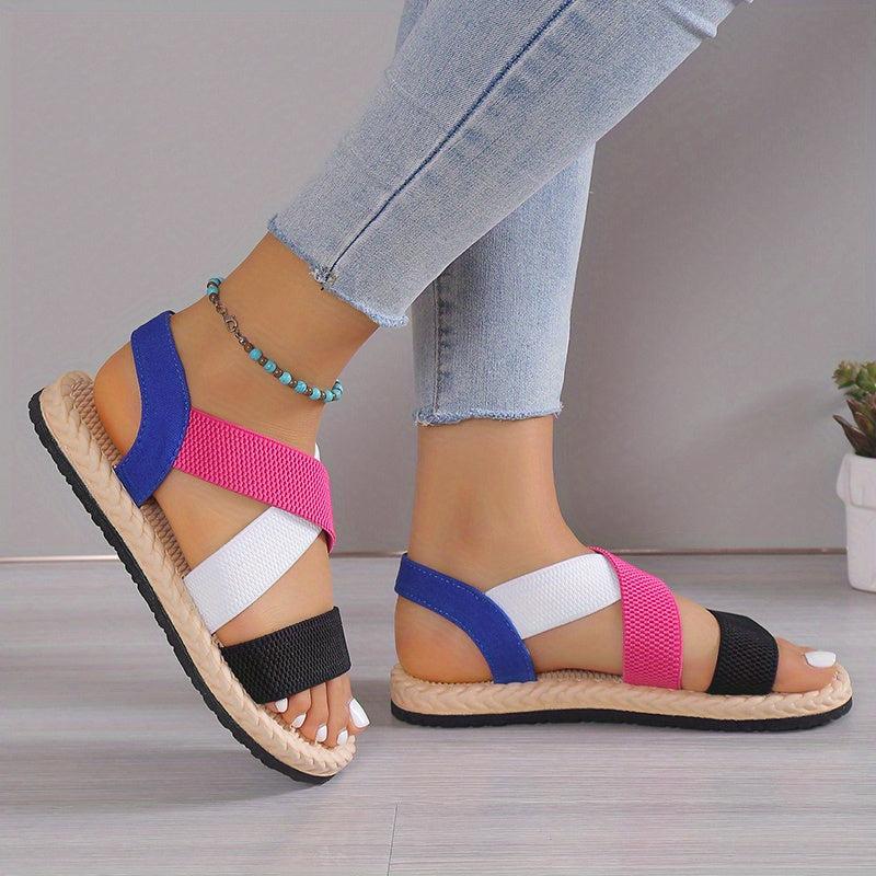 Women's Colorblock Flat Sandals Cross Strap Lightweight Elastic Beach Shoes