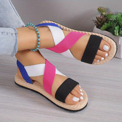 Women's Colorblock Flat Sandals Cross Strap Lightweight Elastic Beach Shoes