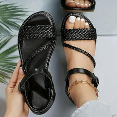 Women's Braided Belt Flat Sandals Lightweight Open Toe Buckle Strap Shoes